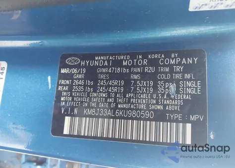 2019 Hyundai Tucson Sport z USA, uszkodzony, nr VIN KM8J33AL6KU980590